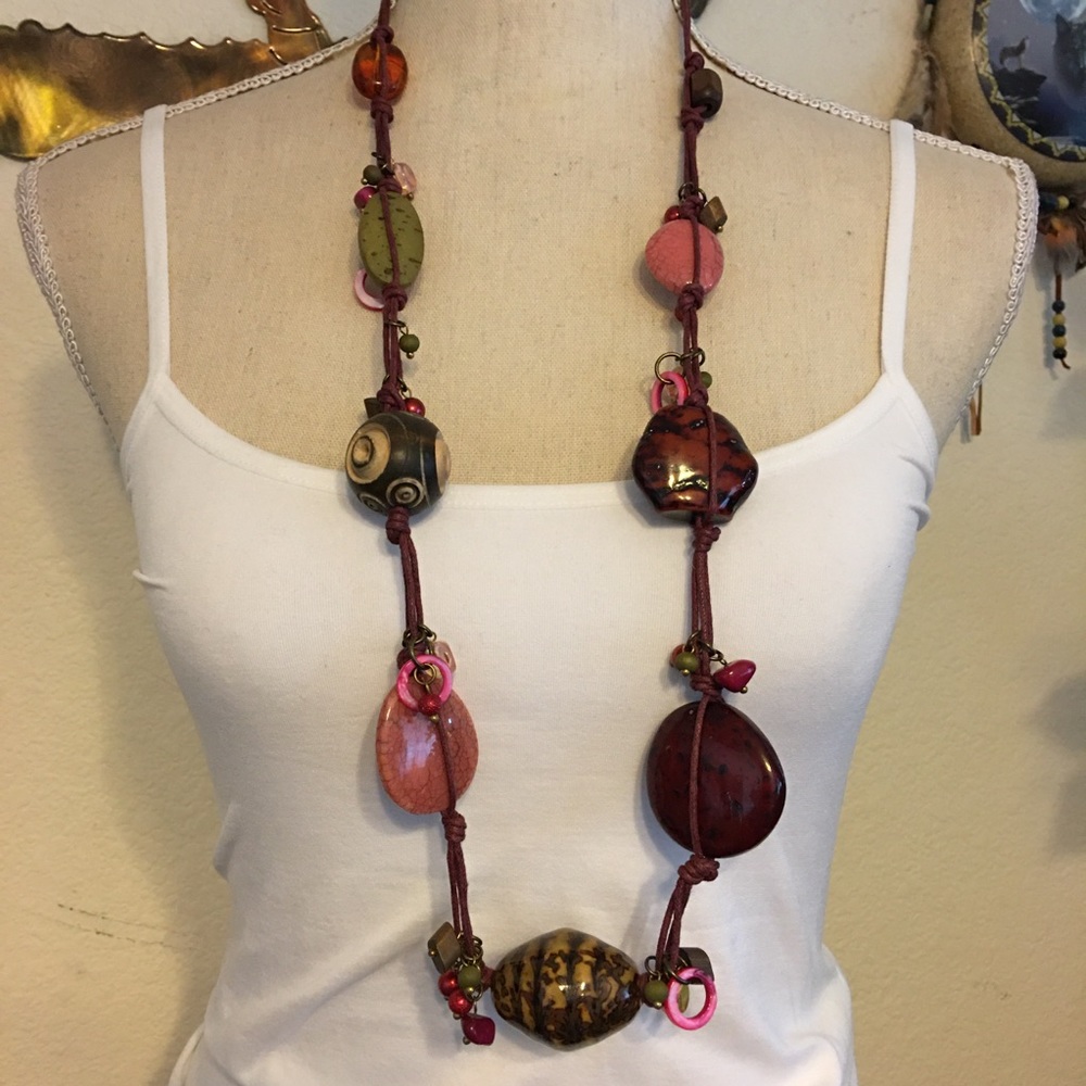 Vintage large ceramic & wood bead necklace